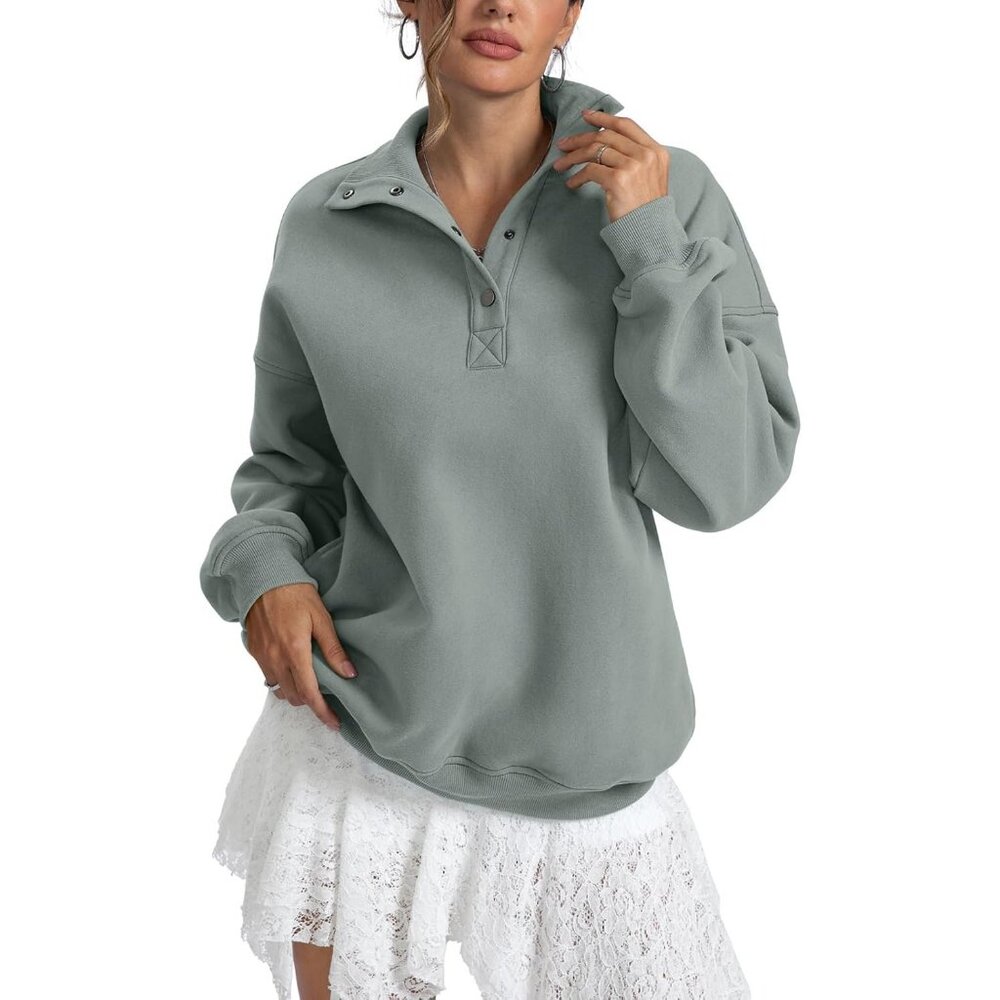 Women's Dark Green Sweatshirts Trendy Tops Fleece Henley Neck Long Sleeve Button